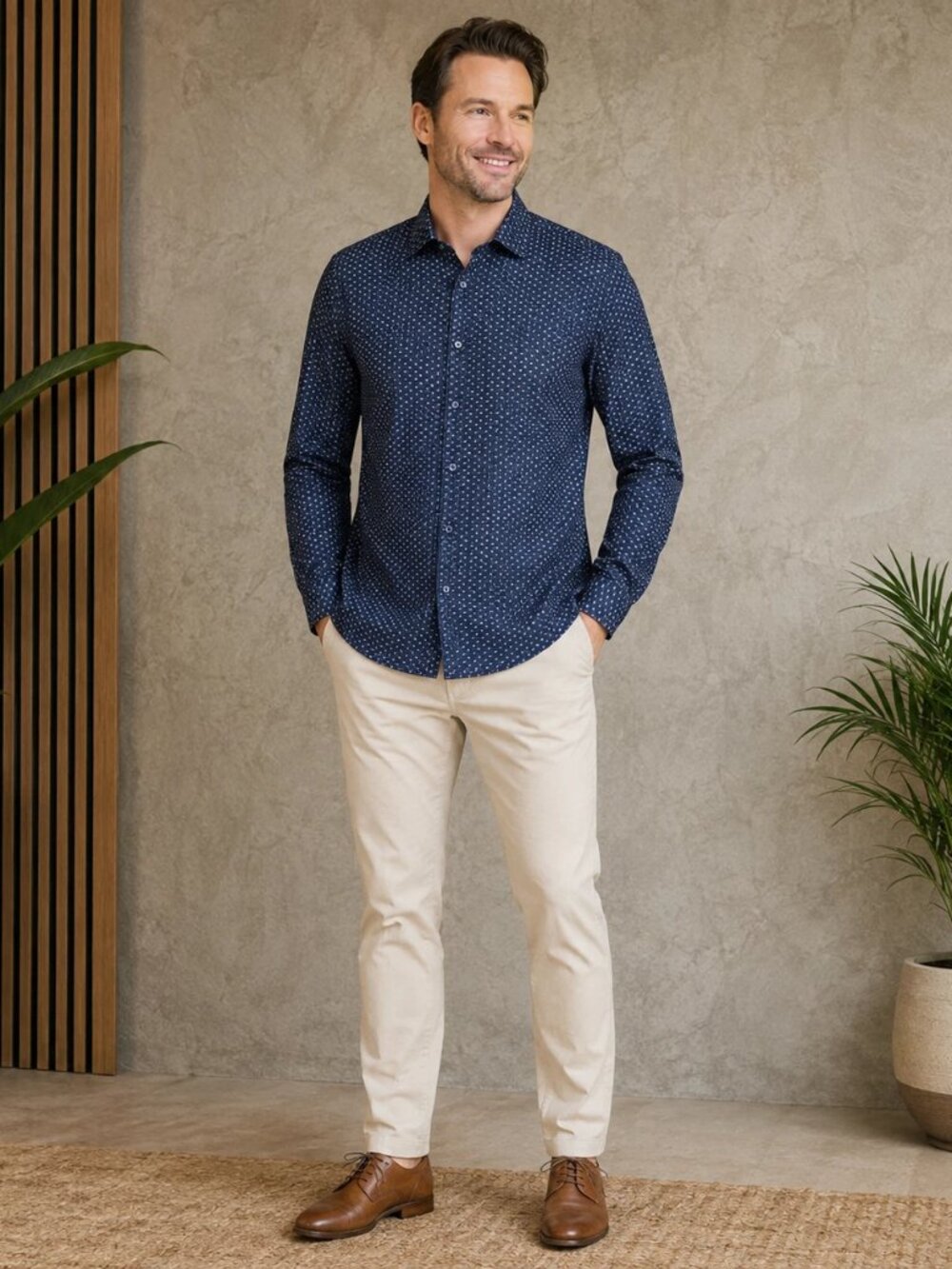 Alex Vando Premium Microfiber Shirt M Micro Print Contrast Trim Business Casual